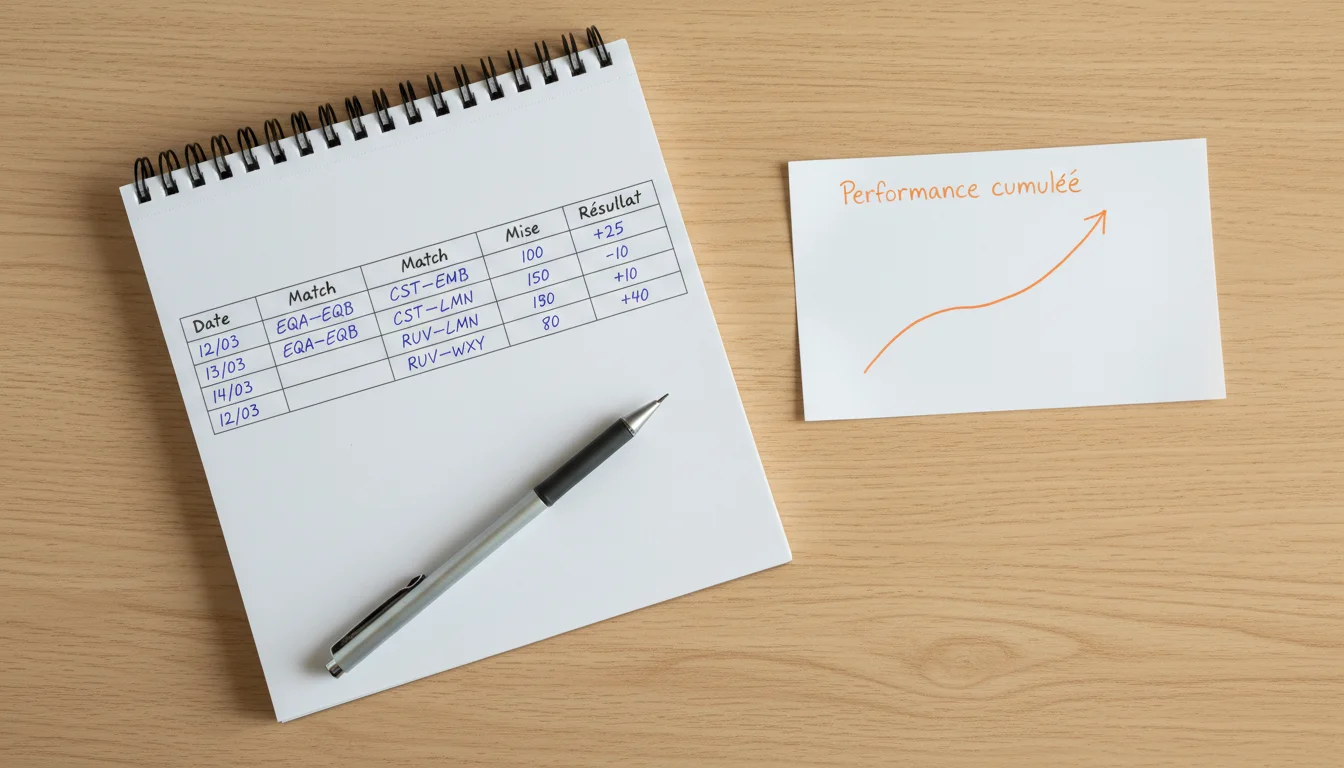 Carnet de suivi de paris sportifs NBA avec annotations et resultats sur un bureau organise