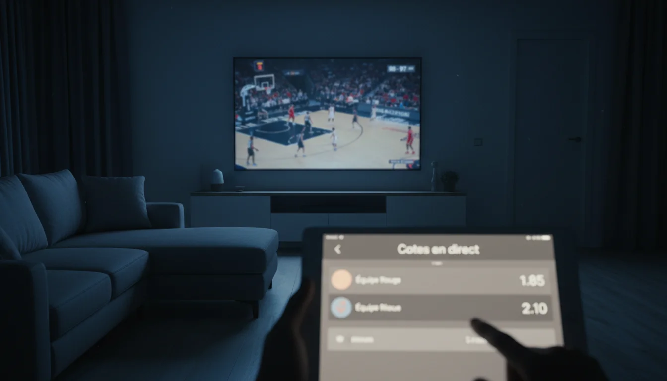 Spectateur regardant un match NBA en direct sur une tablette tout en consultant les cotes de paris