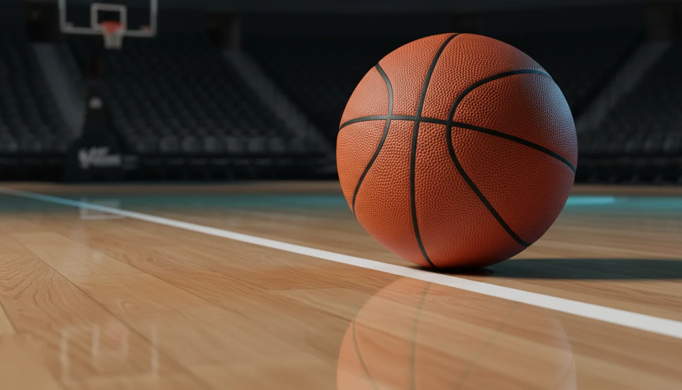 Ballon de basketball orange sur un parquet NBA eclaire par les projecteurs du stade