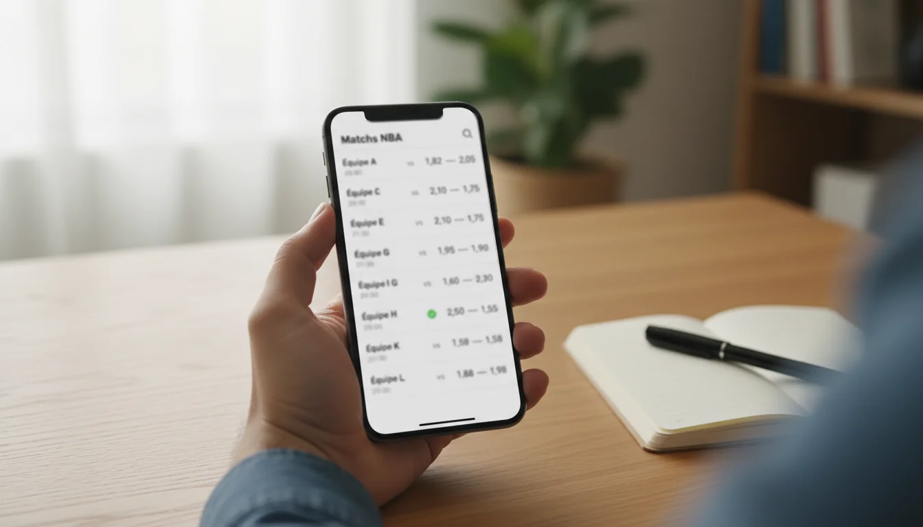 Parieur analysant les types de paris NBA sur un ecran affichant les cotes et marches disponibles