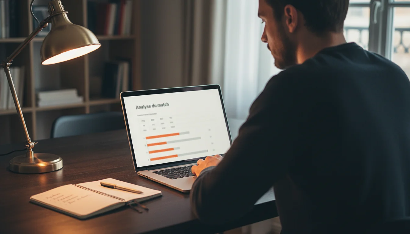 Analyste consultant les statistiques NBA sur un ordinateur portable avec des graphiques de performance
