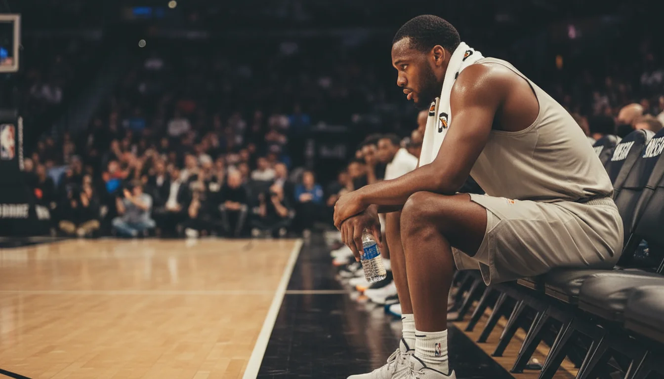 Joueur NBA fatigué assis sur le banc pendant un temps mort avec une serviette