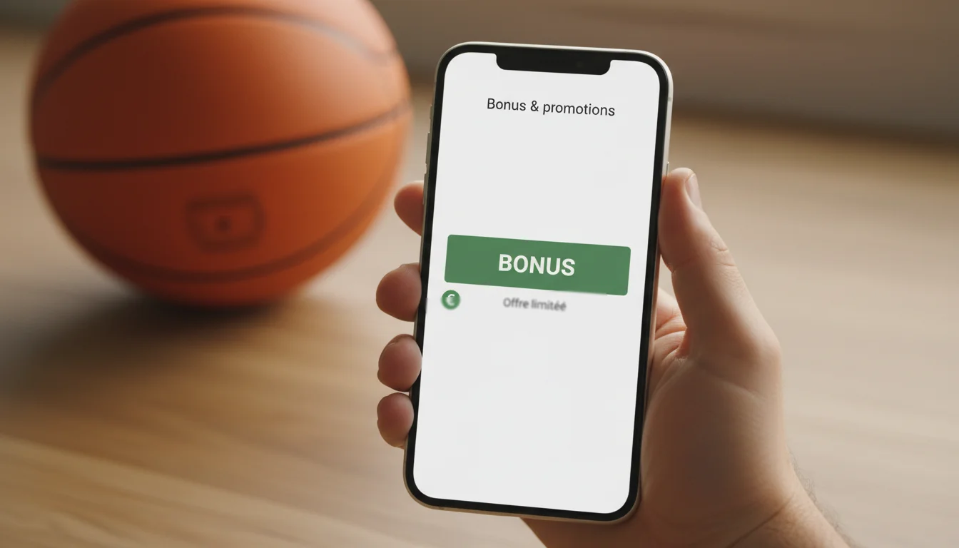 Main d'homme tenant un smartphone avec un symbole € et un ballon de basket en arrière-plan