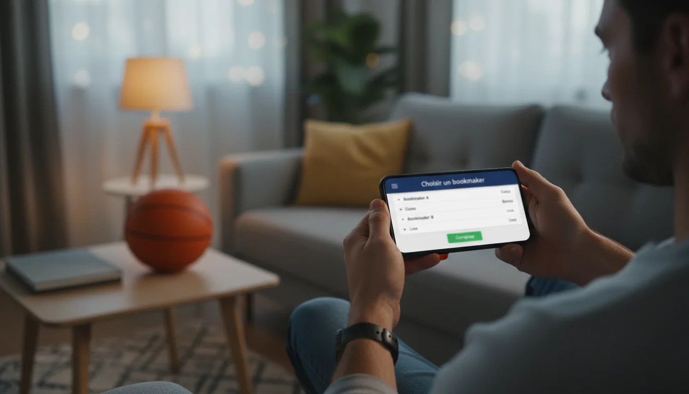 Écran de smartphone affichant des cotes de paris NBA dans un cadre de salon