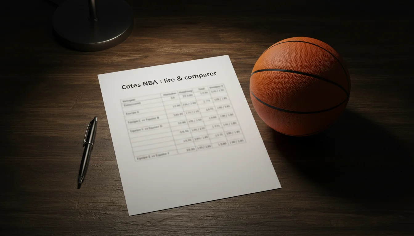 Gros plan sur un tableau de cotes de paris sportifs avec un ballon de basket posé à côté