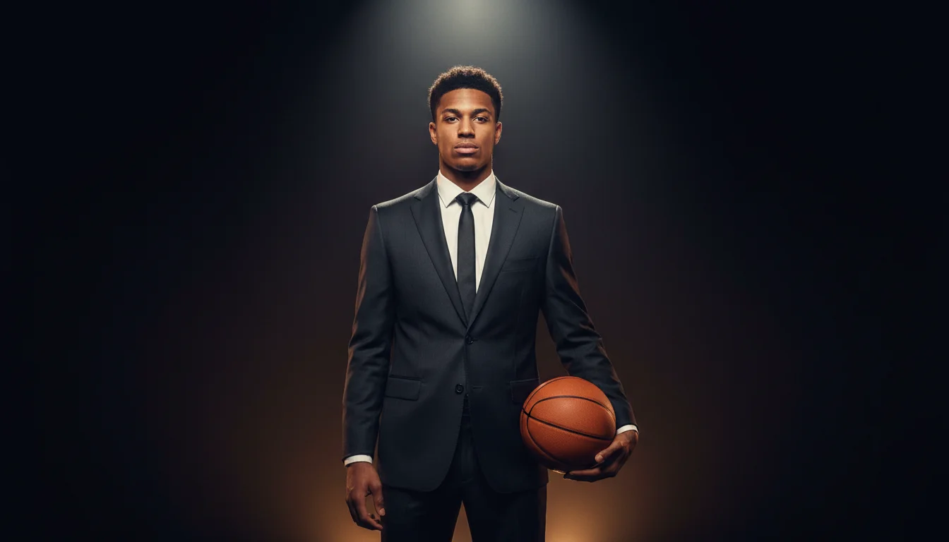 Jeune joueur de basket en costume tenant un ballon NBA lors d'une cérémonie de draft