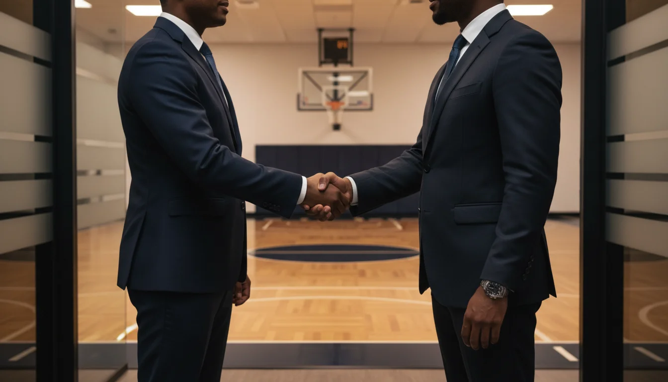 Poignée de main entre deux hommes en costume devant un parquet de basketball