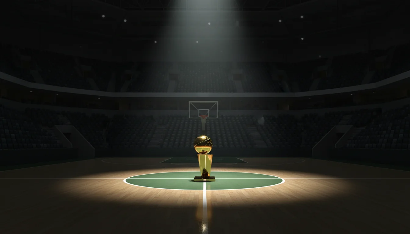 Trophée NBA Larry O'Brien posé sur un parquet de basketball éclairé