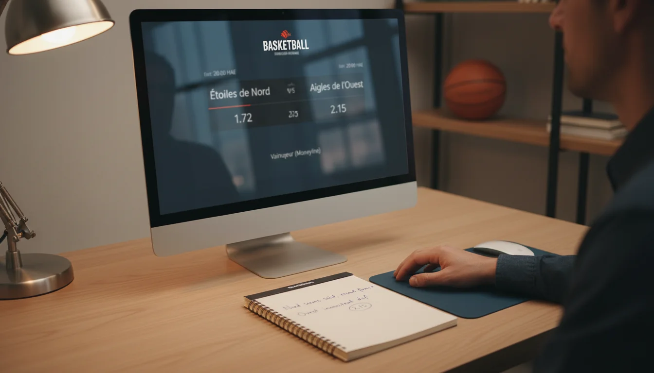 Parieur analysant les cotes moneyline d'un match NBA sur un écran