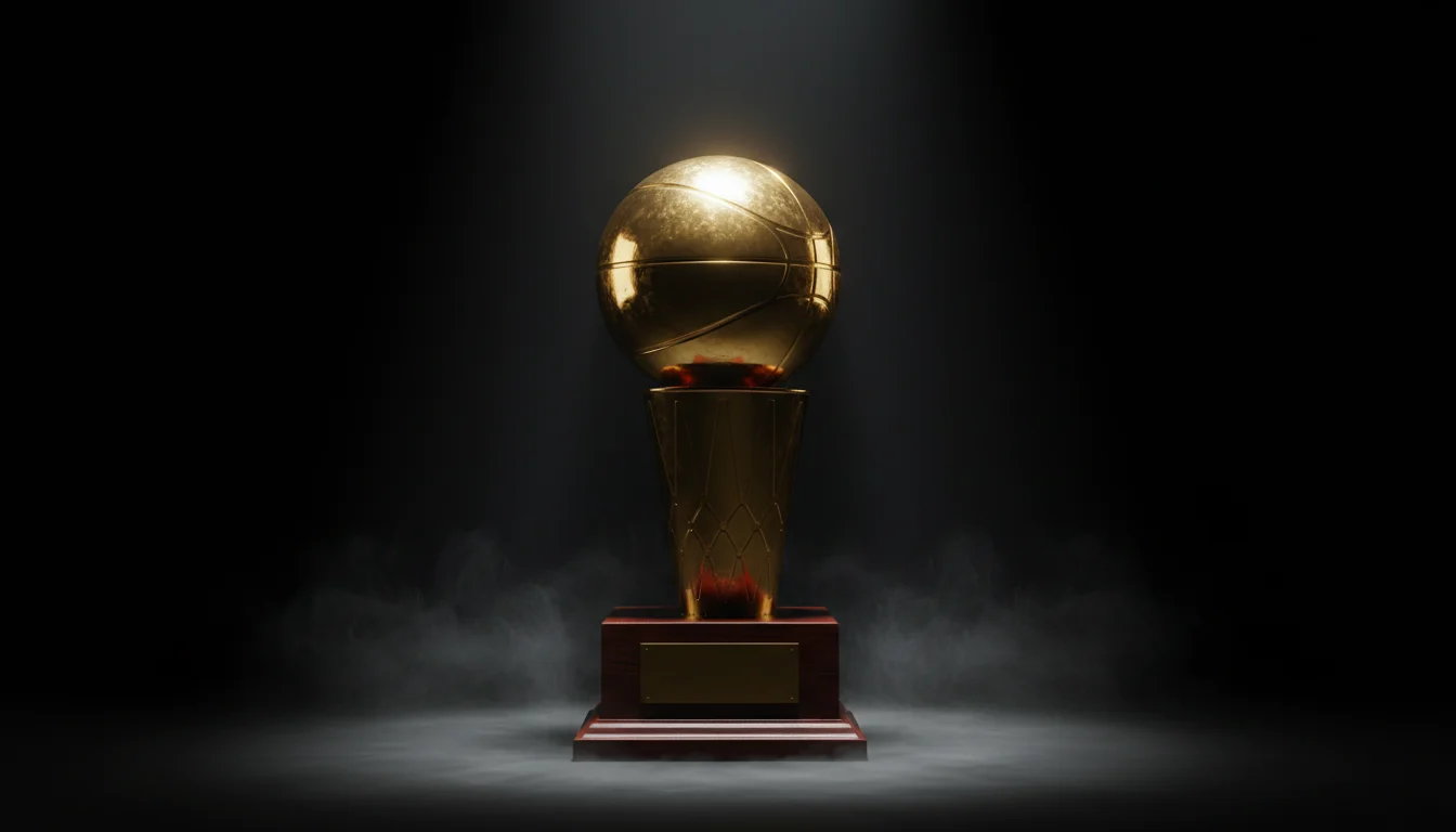 Trophée doré de basketball posé sous un projecteur dans une salle sombre