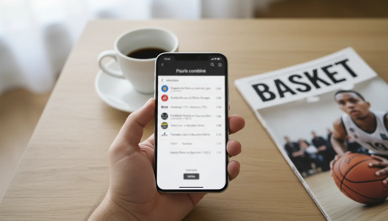 Main tenant un smartphone affichant un ticket de pari combiné NBA