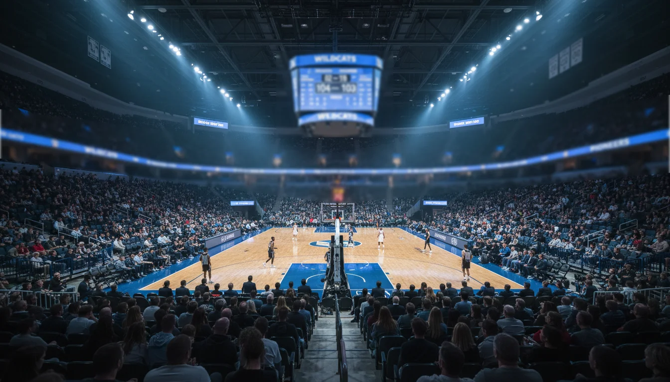 Fans regardant un match NBA en direct dans une salle avec le tableau des scores allumé