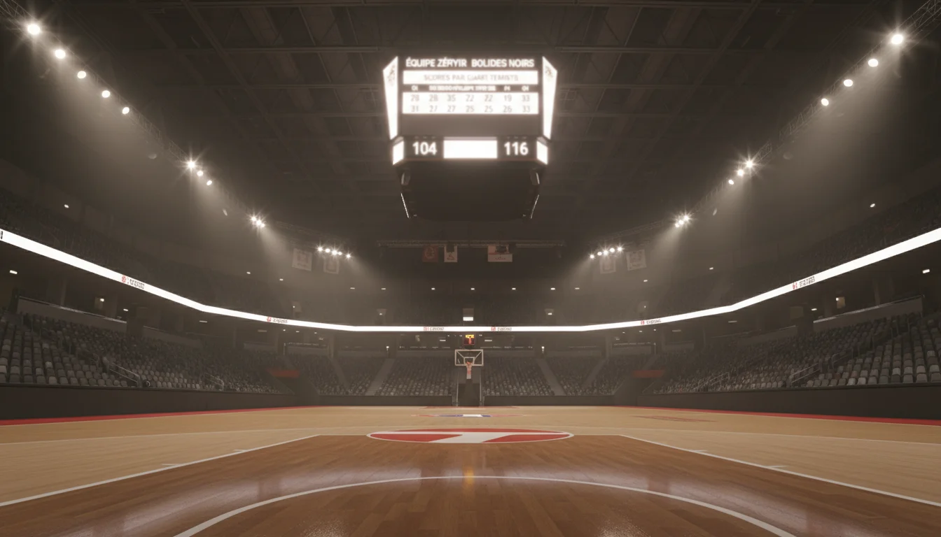Tableau d'affichage lumineux d'un match NBA montrant le score par quart-temps dans une salle de basket