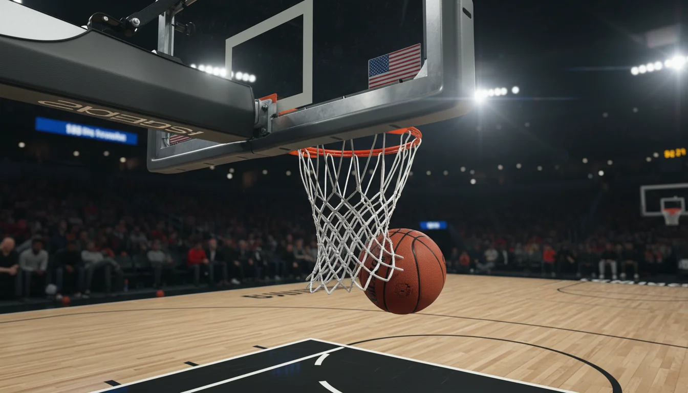 Match NBA en cours avec le score affiché sur le tableau lumineux de la salle