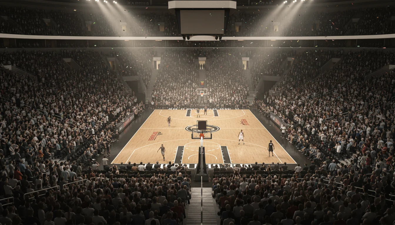 Salle de basket NBA en ambiance playoffs avec parquet ciré et tribunes pleines