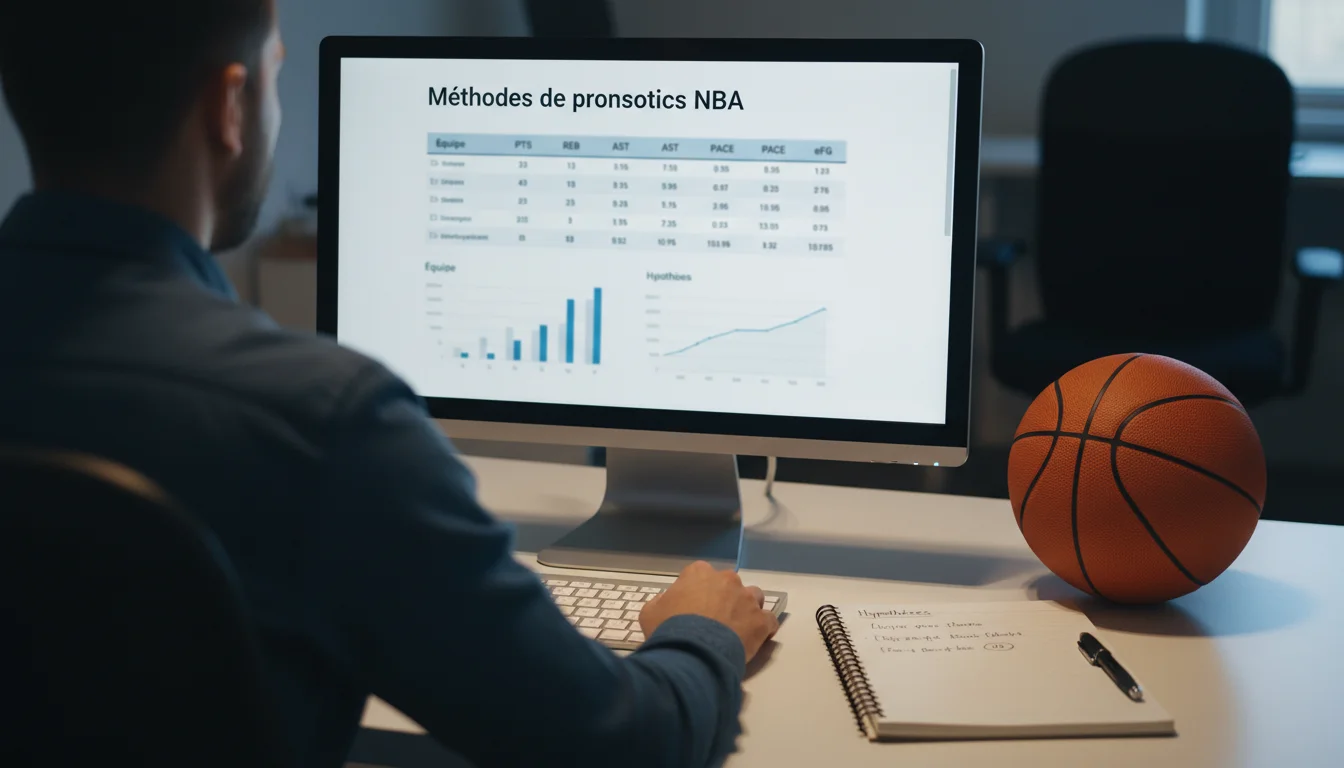 Analyste sportif étudiant des statistiques NBA sur un écran d'ordinateur dans un bureau