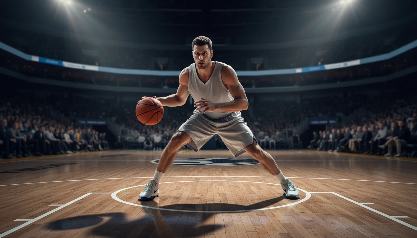 Joueur NBA en action lors d'un match avec le ballon de basket sur un parquet