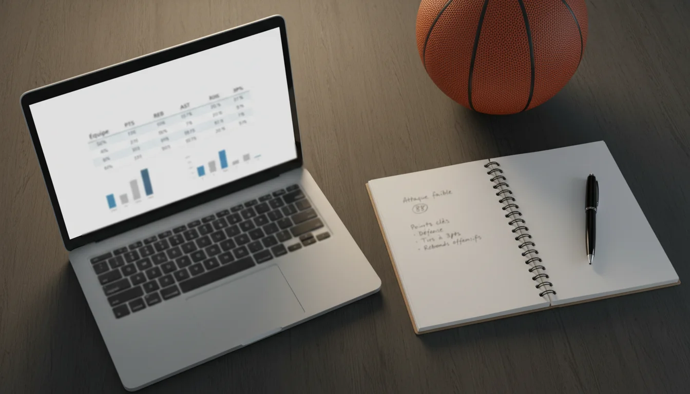Écran affichant des statistiques NBA avec un carnet de notes et un stylo à côté