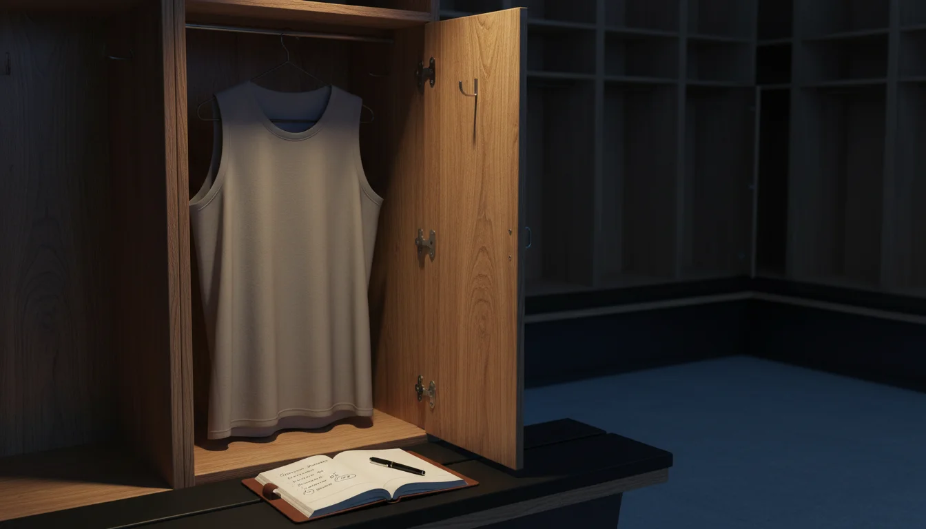 Vestiaire de basketball avec un maillot NBA accroché et un bloc-notes sur un banc